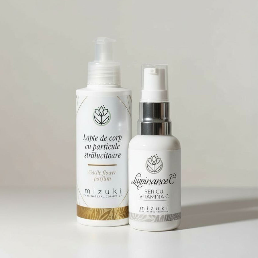 Pachet Glow & Shine - Lapte de corp cu particule stralucitoare si Ser cu vitamina Luminance C+