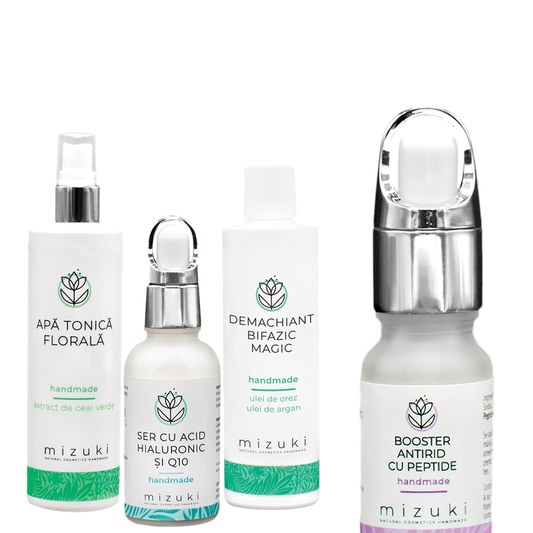 Pachet de primavara cu Booster Antirid, Ser cu Acid Hialuronic si Coenzima Q10 Mizuki alaturi de Apa Tonica Florala si Demachiant Bifazic